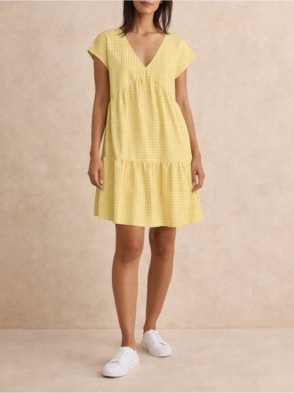 Time and Tru Yellow Gingham Tiered Mini Dress – Size S (4-6)